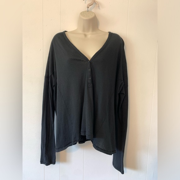 Rag & Bone Black Linen Blend Long sleeve V-neck boho beach lagenlook Top size M - Picture 1 of 7